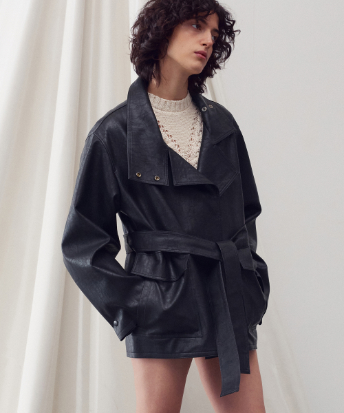 FUNNEL NECK TIE WAIST VEGAN LEATHER JACKET