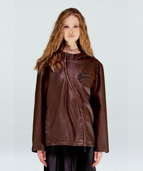 MUSINSA | NACHE LEATHER CURVED HOODIE JACKET (UNISEX) BROWN