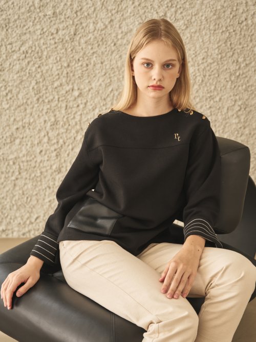 Футболка-лодочка с золотыми пуговицами и лого (Black)