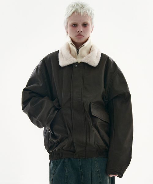 플레이스 스튜디오() 비건 레더 퍼 오버핏 무스탕 무톤 자켓 점퍼 [브라운] 상품 이미지