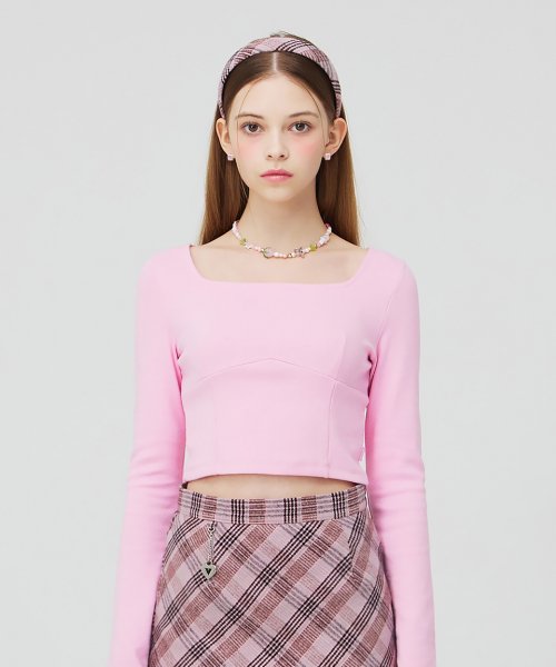 Розовый укороченный лонгслив с квадратным вырезом_Pink