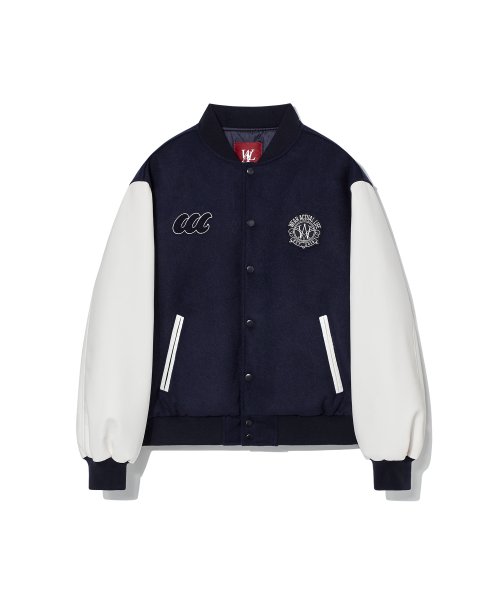 MUSINSA公式 | WOOALONG Double patched varsity jacket - NAVY