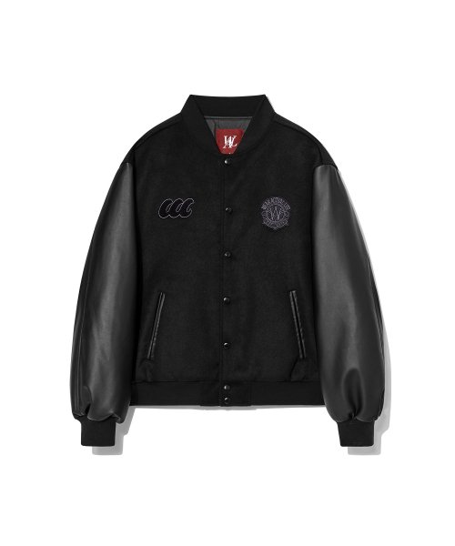 MUSINSA | WOOALONG Double patched varsity jacket - BLACK