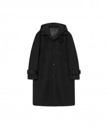 Wool over fit hood single coat - BLACK