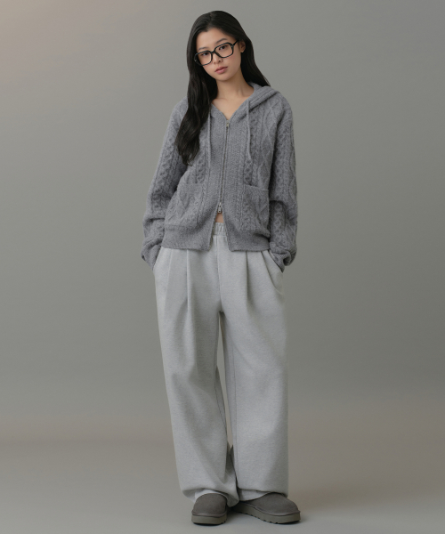 WOMENS DOUBLE KNIT TWO TUCK WIDE LOUNGE SWEAT PANTS [MEDIUM GREY]