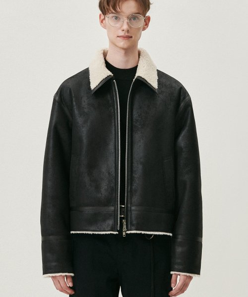 MUSINSA | DOFFJASON Single Crop Leather Mouton Jacket BLACK