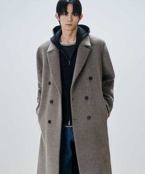드로우핏 프리미어 퓨어 울 로브 더블 코트 [MELANGE TAUPE]