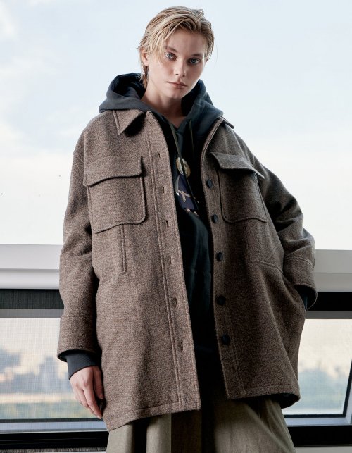 Шерстяной твидовый удлиненный жакет свободного кроя_Light Khaki Brown