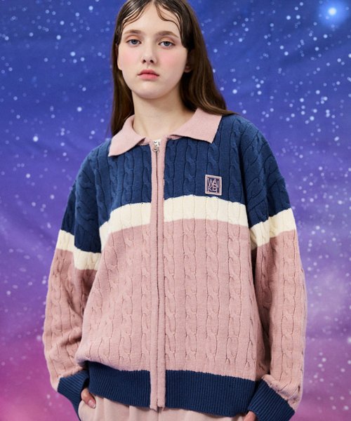 MUSINSA | WAI KEI color block Collared zip-up cardigan pink