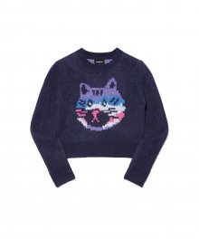 (W) CROP CAT GRAPHIC SWEATER NAVY