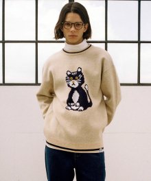 CAT JACQUARD SWEATER BEIGE