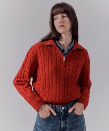 UNISEX CABLE HALF ZIP-UP WOOL SWEATER CLASSIC RED_UDSW2D130R2
