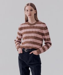 UNISEX NEP STRIPED CABLE KNIT PINK BROWN_UDSW2D121P2