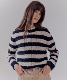 UNISEX NEP STRIPED CABLE KNIT WHITE NAVY_UDSW2D121N2