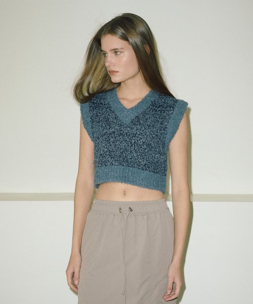 Color Blend Укороченный Трикотаж Жилет Синий