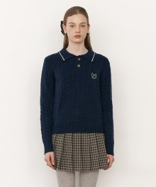 LOGO COLLAR CABLE KNIT NAVY