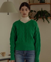 V-neck lambswool cable knit_Green