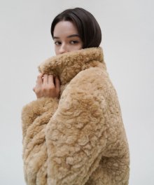 Fake Fur Zip-up Jacket - Camel