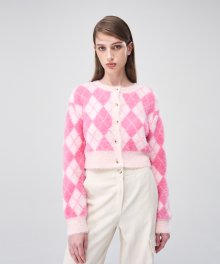 Argyle Fluffy Knit Cardigan  Pink