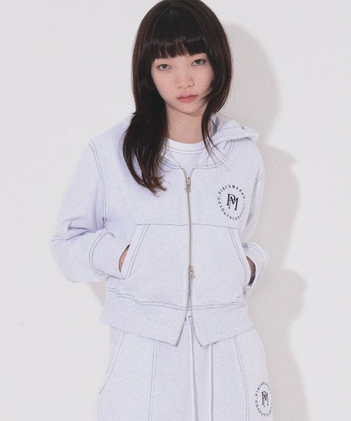 STITCH CROP ZIP HOODIE (WHITE MELANGE)