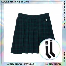 (LUCKY SET) Check Pleats Skirt_Unbalance Knee Socks