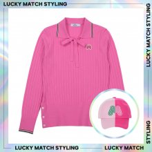 (LUCKY SET) Ribbon Knit_Half&Half Pink Cap