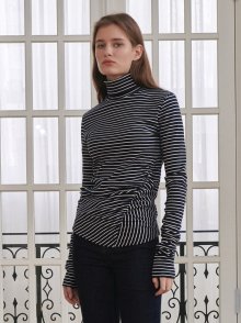 Stripe Side Shirring Turtleneck T-Shirt - Navy