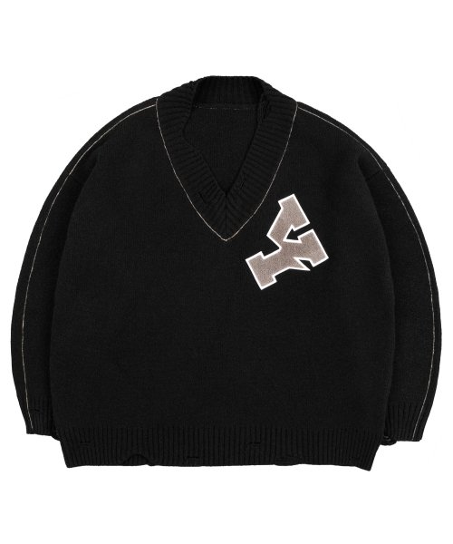 MUSINSA | OY Oversized Destroyed Logo V-Neck Knit - Black