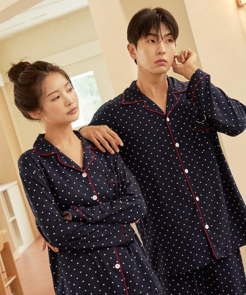 MUSINSA DOSSY Sofkin Dot Long Sleeve Collar Couple Pajamas Set