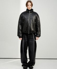 BLACK faux leather&nylon Reversible 3D puffer jacket(RJ207)