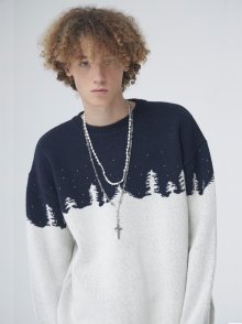 SNOWY PINE TREES NIGHT ROUND KNIT_NAVY