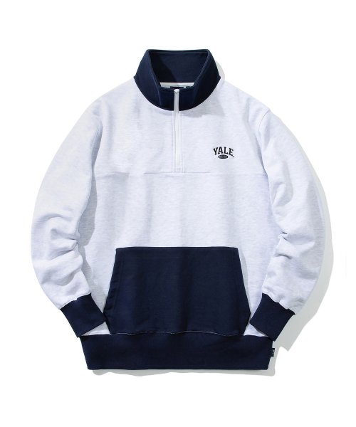 MUSINSA | YALE SMALL 2 TONE ARCH LOGO HALF ZIP UP GRAY / NAVY