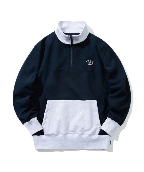 MUSINSA | YALE SMALL 2 TONE ARCH LOGO HALF ZIP UP NAVY / GRAY