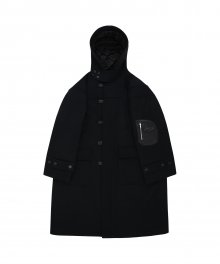 Leather D pocket oversized woolen coat - Black