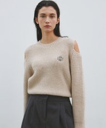 NICOLE RIBBED SHOULDER CUT OUT SWEATER_BEIGE