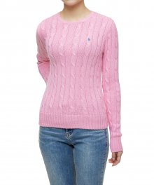W 케이블 니트 코튼 크루넥 스웨터 - 핑크