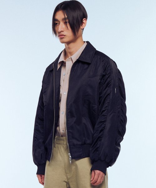 MUSINSA | LMOOD Shirring Drizzle MA-1 Jacket Black
