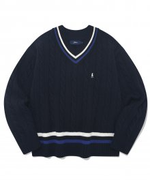 V NECK STRIPE CABLE KNIT NAVY