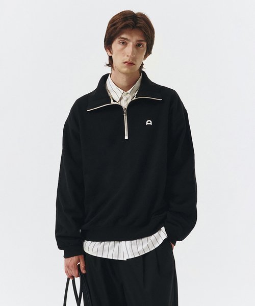 던스트 포 맨(DUNST FOR MEN) UNISEX LEATHER LOGO HALF ZIP-UP