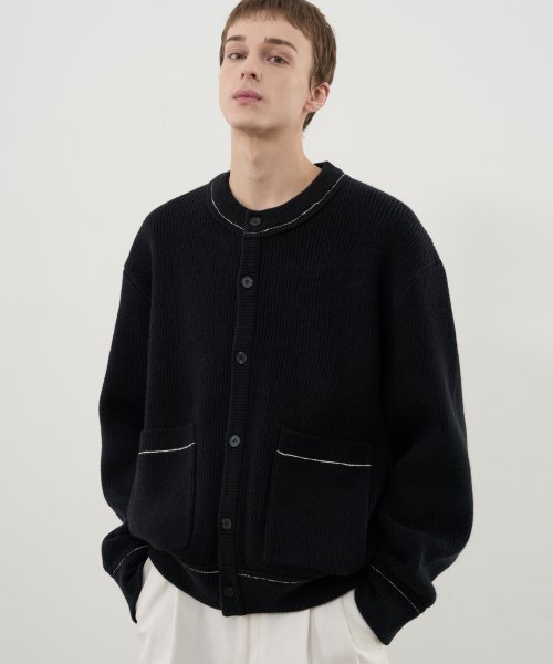 MUSINSA | DRAW FIT Stitch Point PBT Round Cardigan [BLACK]