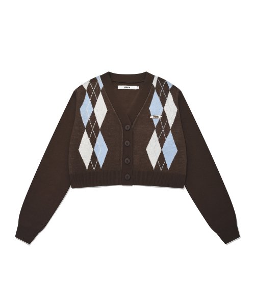 Short Cardigan - Dark brown/argyle patterned - Ladies