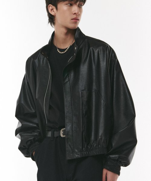 MUSINSA | DOFFJASON Vegan Leather Pleated Field Jacket BLACK