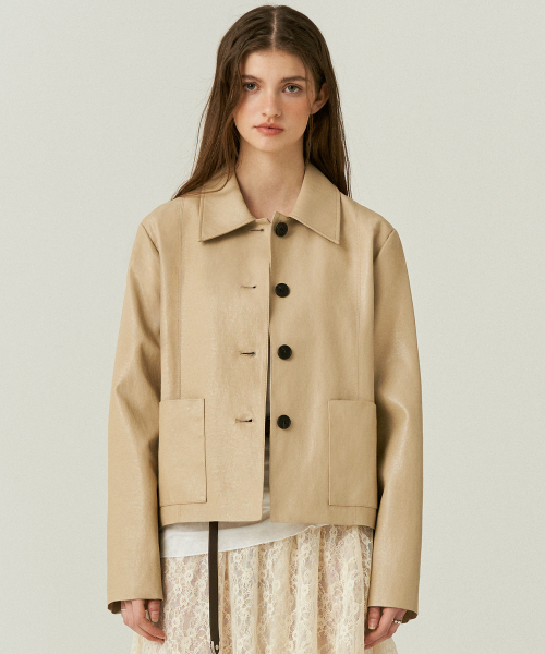 FAUX Leather Two Pocket Jacket in Beige