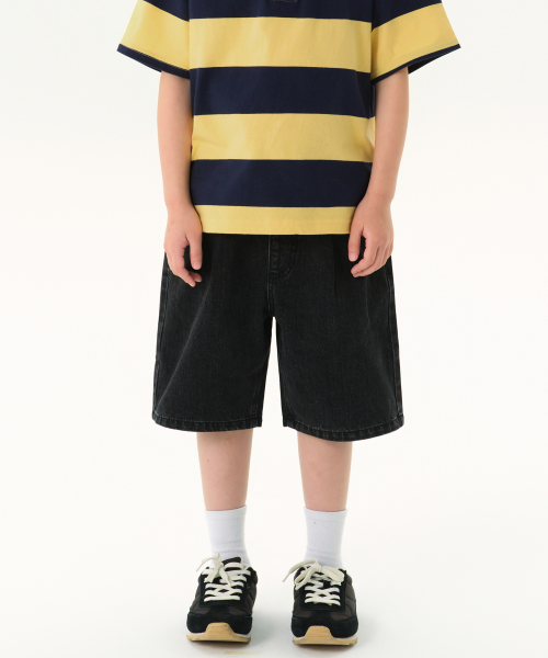 무신사 스탠다드 키즈(musinsastandardkids) 원 턱 와이드 밴딩 데님 쇼츠 [워시드 블랙]