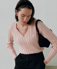 ROLA V NECK CABLE KNIT INDIE PINK