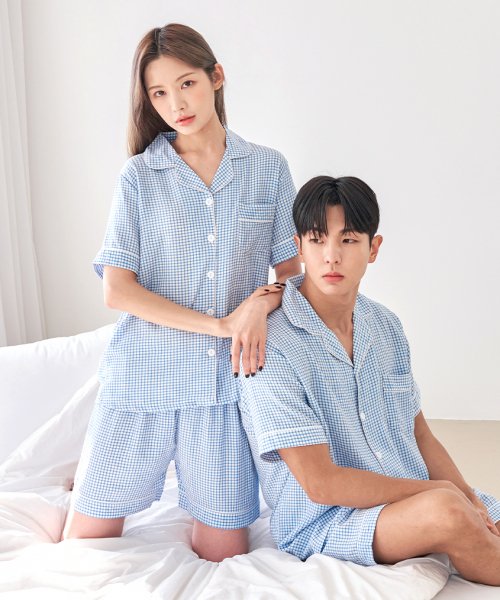 MUSINSA DOSSY Seersucker check short sleeve collar couple