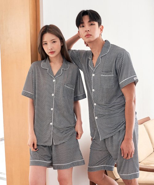 MUSINSA DOSSY Air fit check short sleeve collar couple pajamas