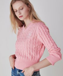 V NECK COTTON CABLE KNIT PINK