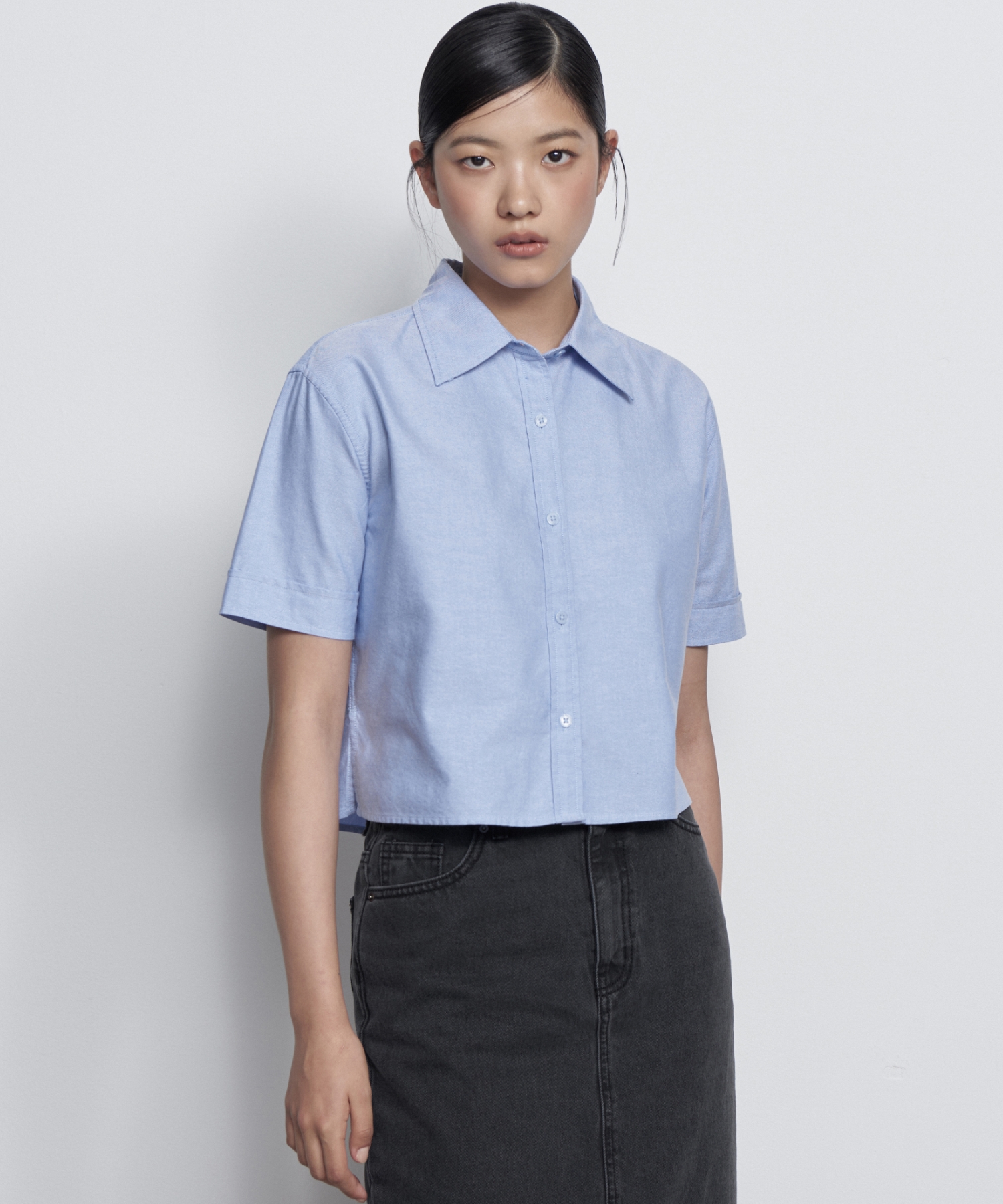 WOMENS OXFORD CROP SHORT SLEEVE SHIRT [BLUE]