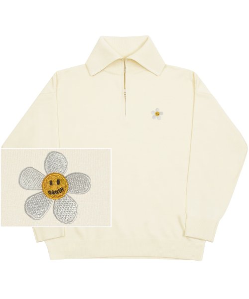 [UNISEX] Оверсайз вязаный зип-кардиган с воротником и вышивкой Cream